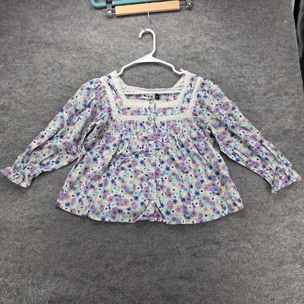 RIXO Tunic Blouse Womens S Multicolor Square Neck 3/4 Sleeve Crochet Floral